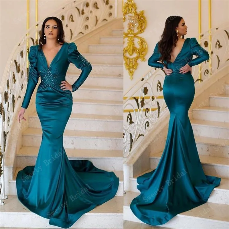 2021 Mermaid Evening Dresses with Long Sleeves V Neck Satin Backless Prom Party Gowns Saudi Arabia Dubai Beaded Formal Dress
2021 Mermaid Evening Dresses with Long Sleeves V Neck Satin Backless Prom Party Gowns Saudi Arabia Dubai Beaded Formal Dress