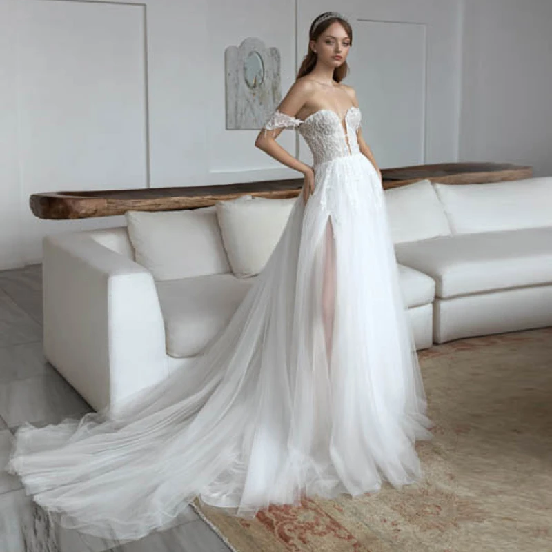 Eightale Princess Wedding Dresses Off the Shoulder Appliques Beaded Lace Wedding Gowns High Side Split Tulle Bridal Dress
Eightale Princess Wedding Dresses Off the Shoulder Appliques Beaded Lace Wedding Gowns High Side Split Tulle Bridal Dress