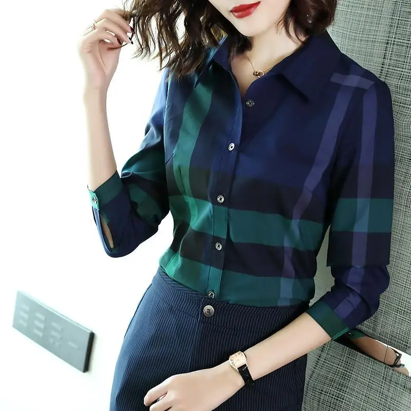 2021 spring new OL temperament slim slimming cotton shirt fashion top blue green plaid shirt women
2021 spring new OL temperament slim slimming cotton shirt fashion top blue green plaid shirt women