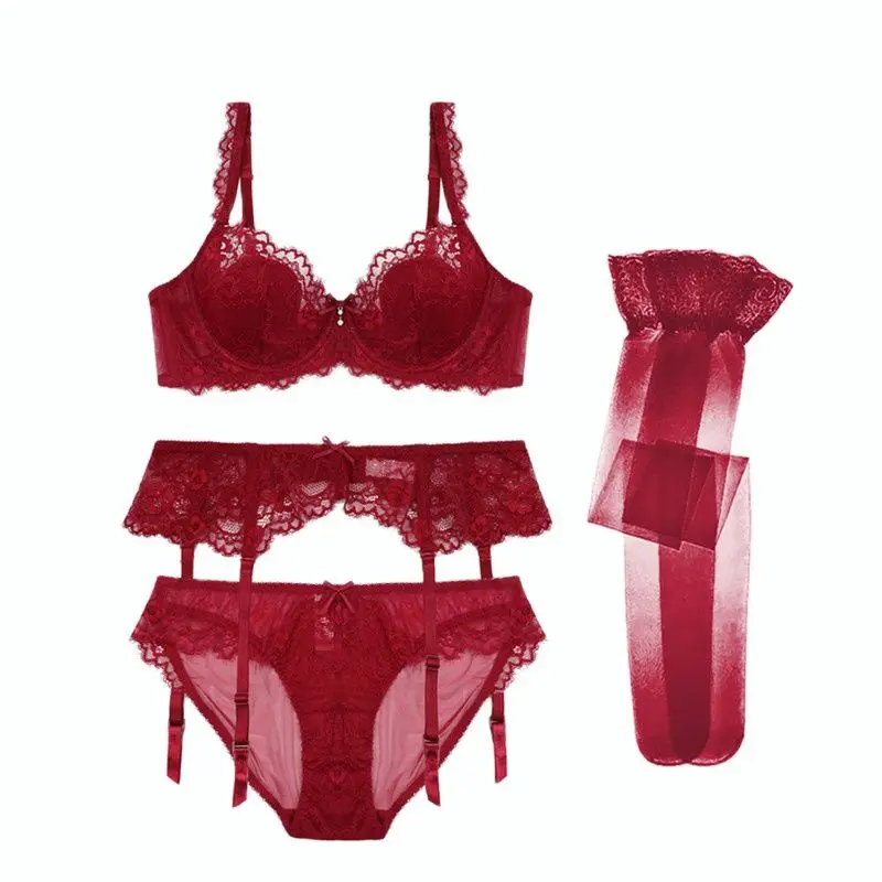 Ningsige sexy eyelash lace high quality bras+garters+panties+stockings 4 pcs unlined yarn underwire bra set 
Ningsige sexy eyelash lace high quality bras+garters+panties+stockings 4 pcs unlined yarn underwire bra set