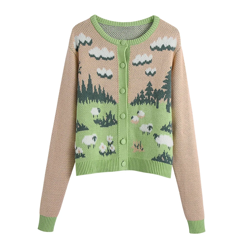 

Winter Clothes Women 2021 Cute Sheep Patterned Knitted Cropped Cardigan Sweater Round Neck Long Sleeve Button Up Cardigans