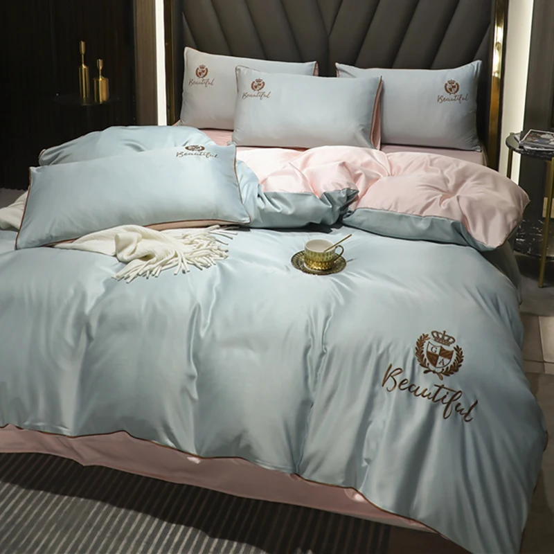 Four-piece real silk summer ice silk tencel naked sleeping silky bed sheet duvet cover light luxury European style bedding 
Four-piece real silk summer ice silk tencel naked sleeping silky bed sheet duvet cover light luxury European style bedding