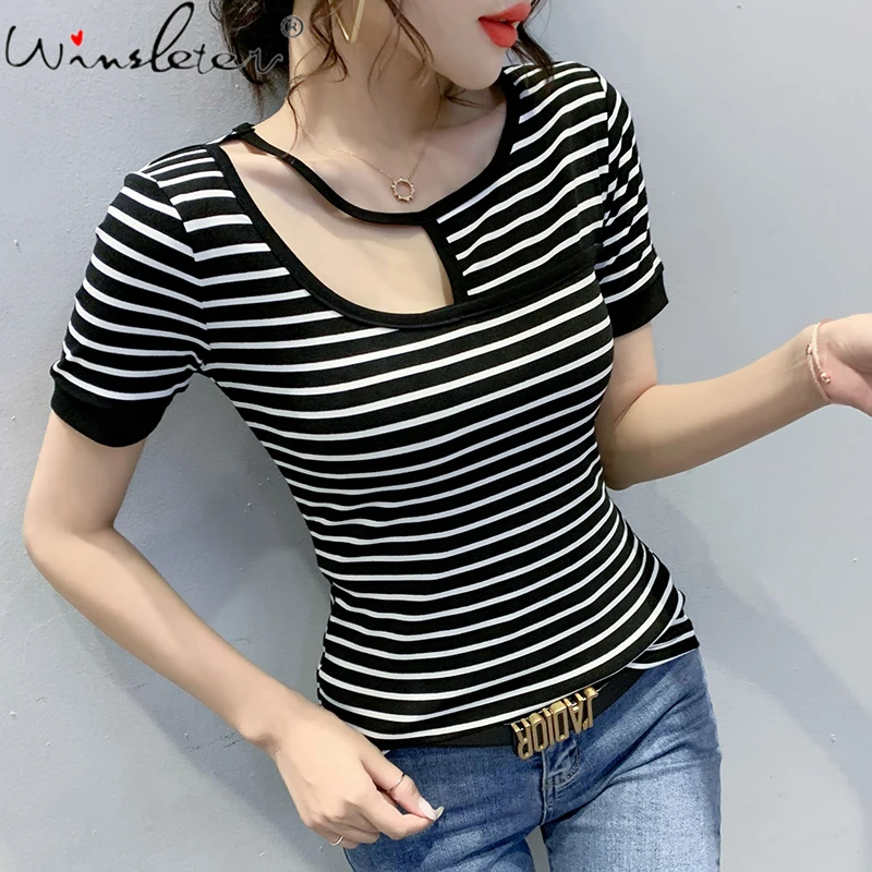 Summer Korean Clothes Cotton T-Shirt Sexy Fashion Hollow Out Stripe Women Tops Short Sleeve All Match Casual Tees 2021 T14014A
Summer Korean Clothes Cotton T-Shirt Sexy Fashion Hollow Out Stripe Women Tops Short Sleeve All Match Casual Tees 2021 T14014A