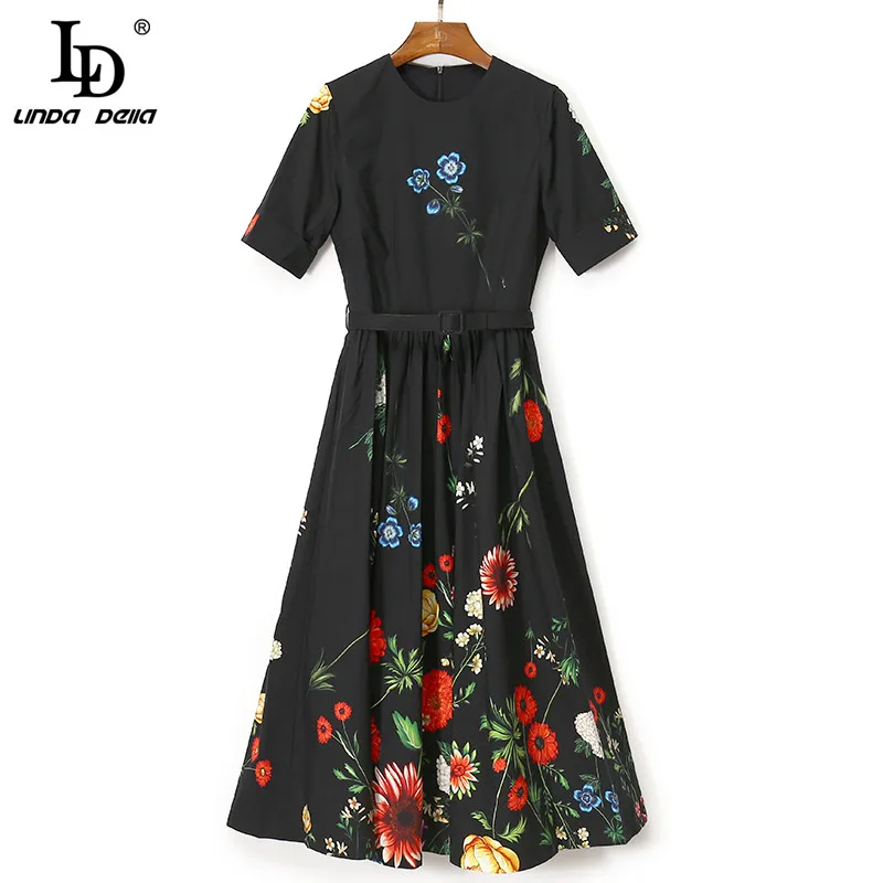 

LD LINDA DELLA Новинка 2021 модное подиумное летнее черное платье миди женское платье с коротким рукавом и поясом с цветочным принтом винтажные эле...