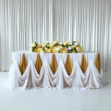 1piece 10ftx30inch New Design Gold White Chiffon Table Skirting With Luxury Diamond Brooch For Wedding Party Deco Table Skirt