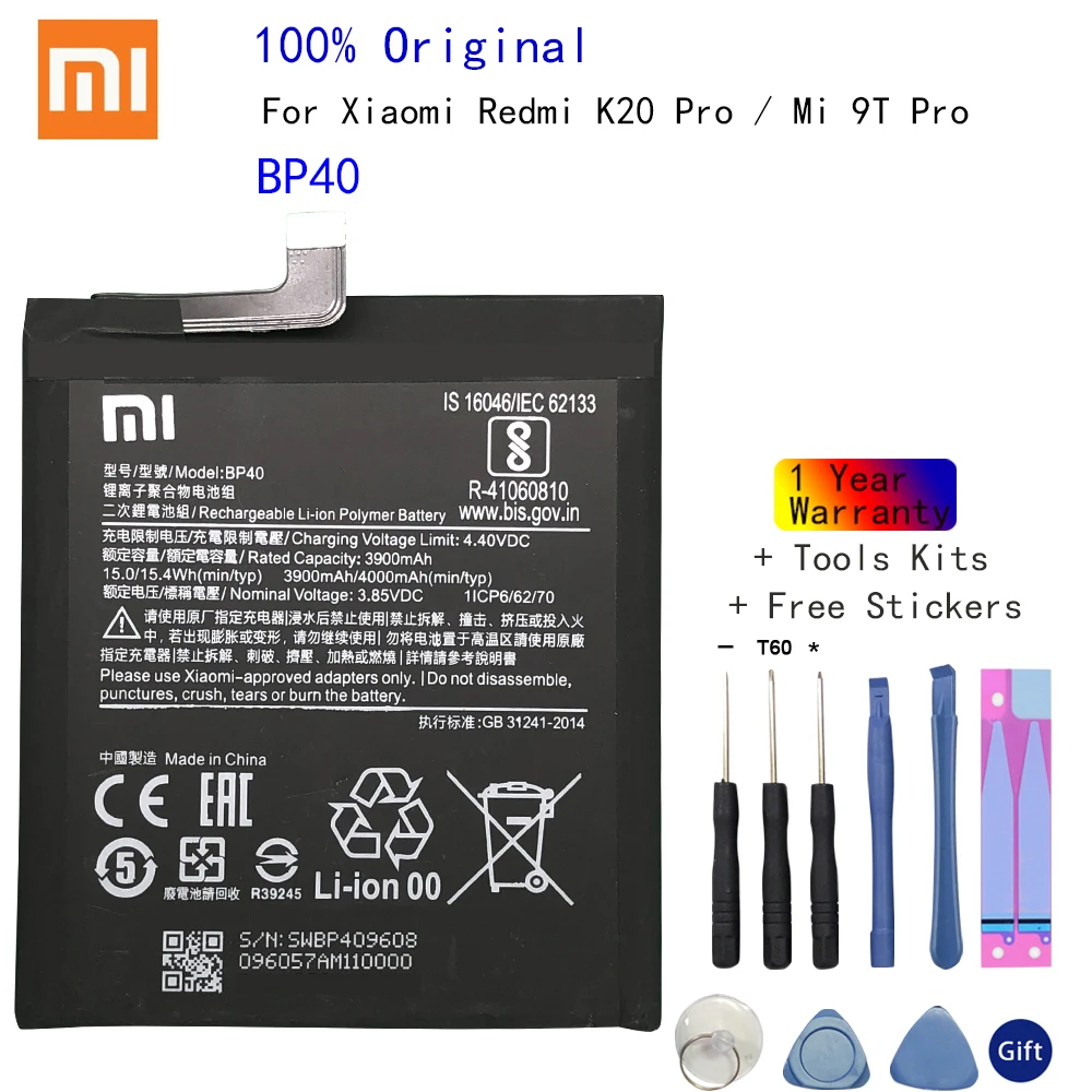 

Аккумулятор Xiaomi BP40 для Redmi K20/Mi 9T BP41, Redmi K20 Pro/Mi 9T Pro, 4000 мА · ч, с бесплатными инструментами