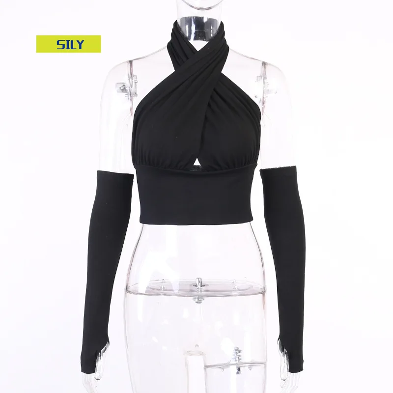 Sexy Cross Halter Backless Crop Tops Women Street Fashion Black Blue Woman Tshirts with Gloves Spring 2021 C66-BG19
Sexy Cross Halter Backless Crop Tops Women Street Fashion Black Blue Woman Tshirts with Gloves Spring 2021 C66-BG19