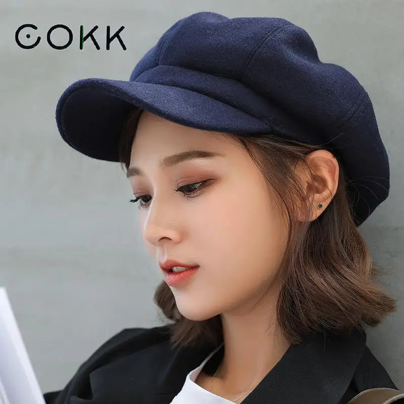 

COKK Autumn Winter Hats for Women Solid Plain Octagonal Newsboy Cap Men Ladies Casual Wool Hat Winter Beret Women Painter Cap