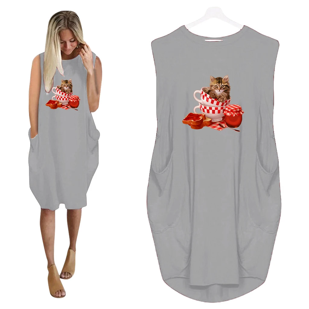 Summer 2021 Solid Color Round Neck Kitten-head Print Sleeveless Knee-length Dress, Lovely Casual Fashion Women's Wear
Summer 2021 Solid Color Round Neck Kitten-head Print Sleeveless Knee-length Dress, Lovely Casual Fashion Women's Wear