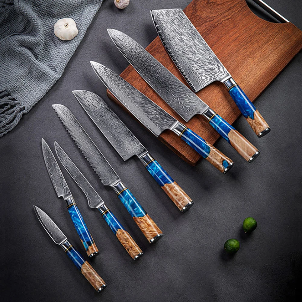 Kitchen Knives Damascus Steel VG10 Chef Knife Cleaver Paring Bread Blue Resin and Color Wood Handle Cooking Tool
Kitchen Knives Damascus Steel VG10 Chef Knife Cleaver Paring Bread Blue Resin and Color Wood Handle Cooking Tool