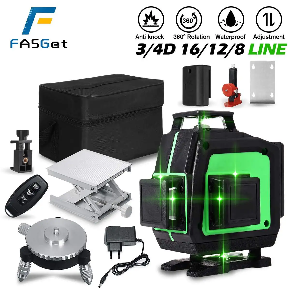 FASGet 4D Light Laser Level 360° 16 Line LED Display Cross Self Leveling Measure Tool with Remote control 220V Plug Charge
FASGet 4D Light Laser Level 360° 16 Line LED Display Cross Self Leveling Measure Tool with Remote control 220V Plug Charge