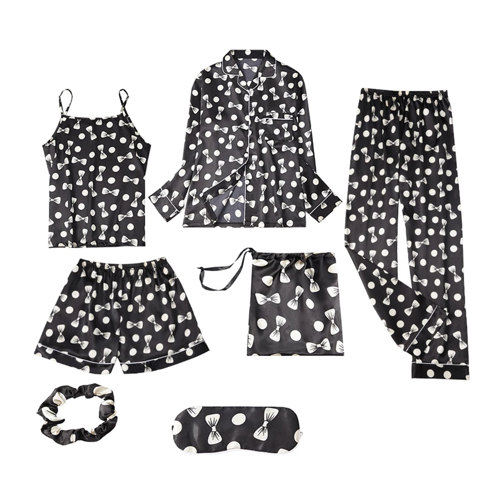 7 Pieces Set Silk Elegant Women Pajamas Print Shorts Long Sleeve Top Elastic Waist Pants Full Lounge Sleepwear 
7 Pieces Set Silk Elegant Women Pajamas Print Shorts Long Sleeve Top Elastic Waist Pants Full Lounge Sleepwear