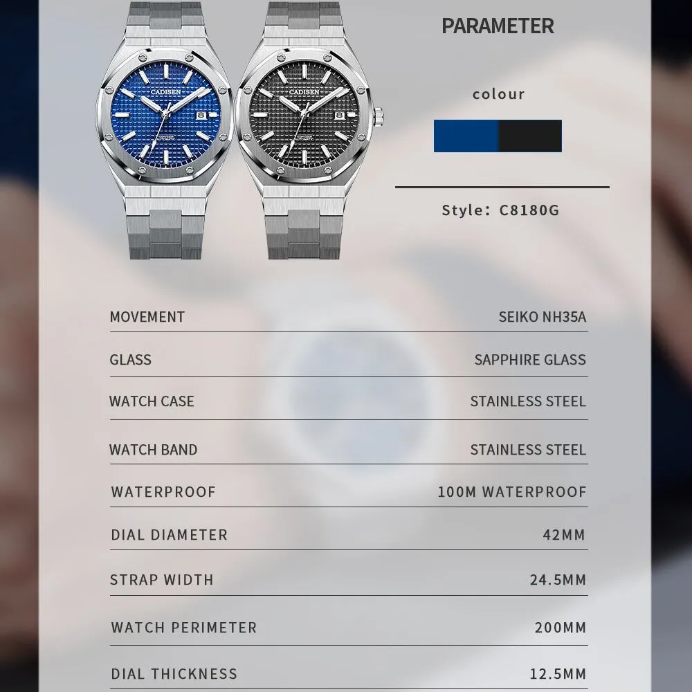 NewCADISEN Top Brand Business Men's watches Mechanical Luxury 100M Waterproof watch Automatic Sapphire Stainless Steel Watch men
NewCADISEN Top Brand Business Men's watches Mechanical Luxury 100M Waterproof watch Automatic Sapphire Stainless Steel Watch men