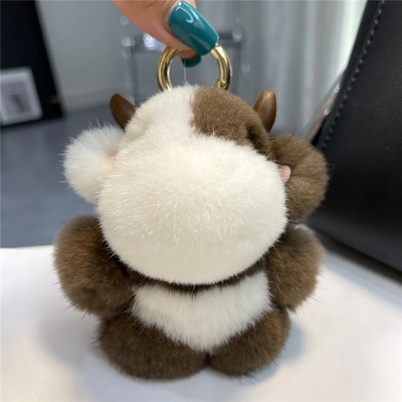 

Cute Cow Real Mink Fur Keychain Bag Charm Pendant Kids Plush Toy Ornament Car Keyring Trinkets Jewelry Highend Birthday Gifts
