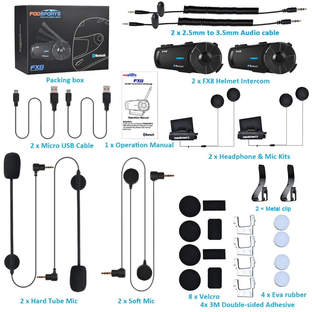 2PCS Fodsports FX8 Motorcycle Helmet Group Intercom Wireless Bluetooth Headset Waterproof Interphone Intercomunicador Moto FM
2PCS Fodsports FX8 Motorcycle Helmet Group Intercom Wireless Bluetooth Headset Waterproof Interphone Intercomunicador Moto FM