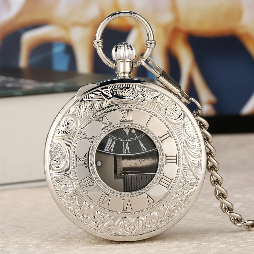 

Creative Silver Hand Crank Music Quartz Pocket Watch Fashion Swan Lake Musical Movement Fob Chain New Year Gift for Men Women