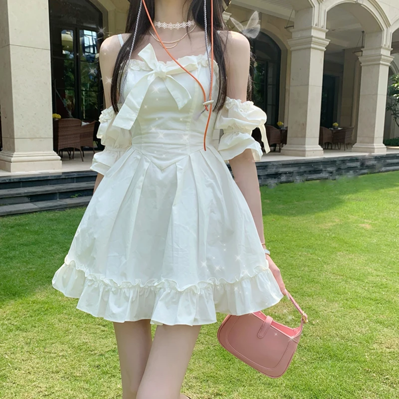 White Kawaii Fairy Strap Dress Women Patchwork Off Shoulder Sexy Party Mini Dresses Bow Ruffle Sweet Cute Princess Sundress 2021
White Kawaii Fairy Strap Dress Women Patchwork Off Shoulder Sexy Party Mini Dresses Bow Ruffle Sweet Cute Princess Sundress 2021