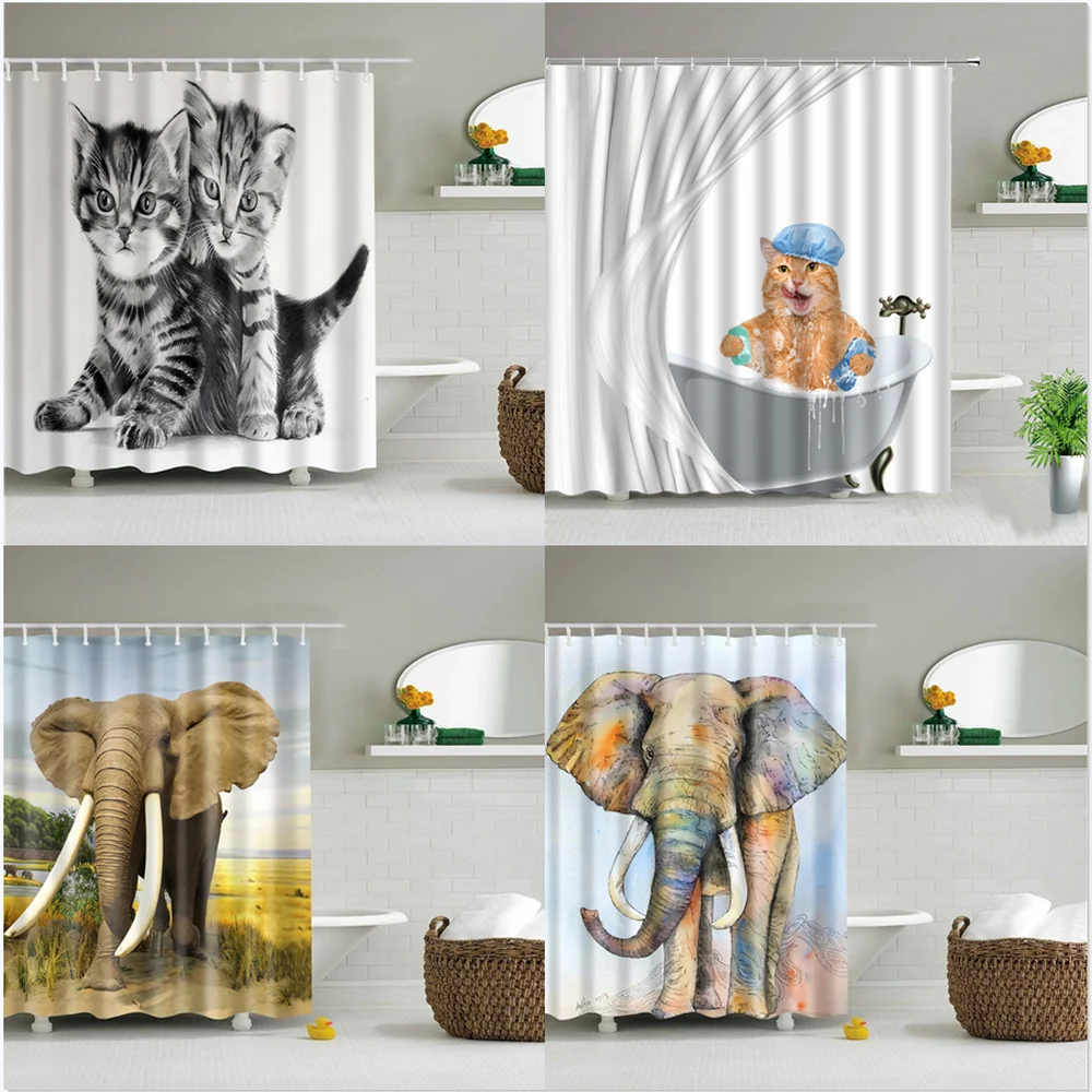 

Занавеска для душа с милым котом, африканским слоном, забавные мультяшные животные, водонепроницаемая креативная занавеска для ванной комн...
