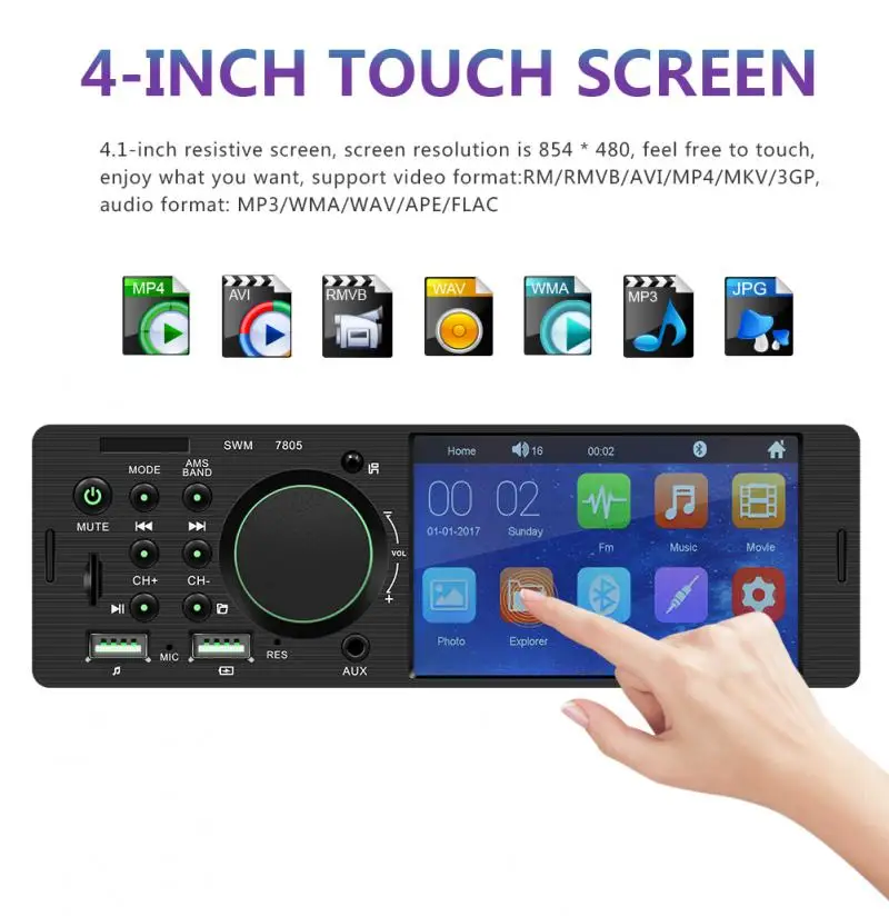 Touch Screen Car Radio 1 Din 4.1” Bluetooth Audio Video MP5 Player TF USB Fast Charging With Remote Control Car In Dash Kit 12V
Touch Screen Car Radio 1 Din 4.1” Bluetooth Audio Video MP5 Player TF USB Fast Charging With Remote Control Car In Dash Kit 12V