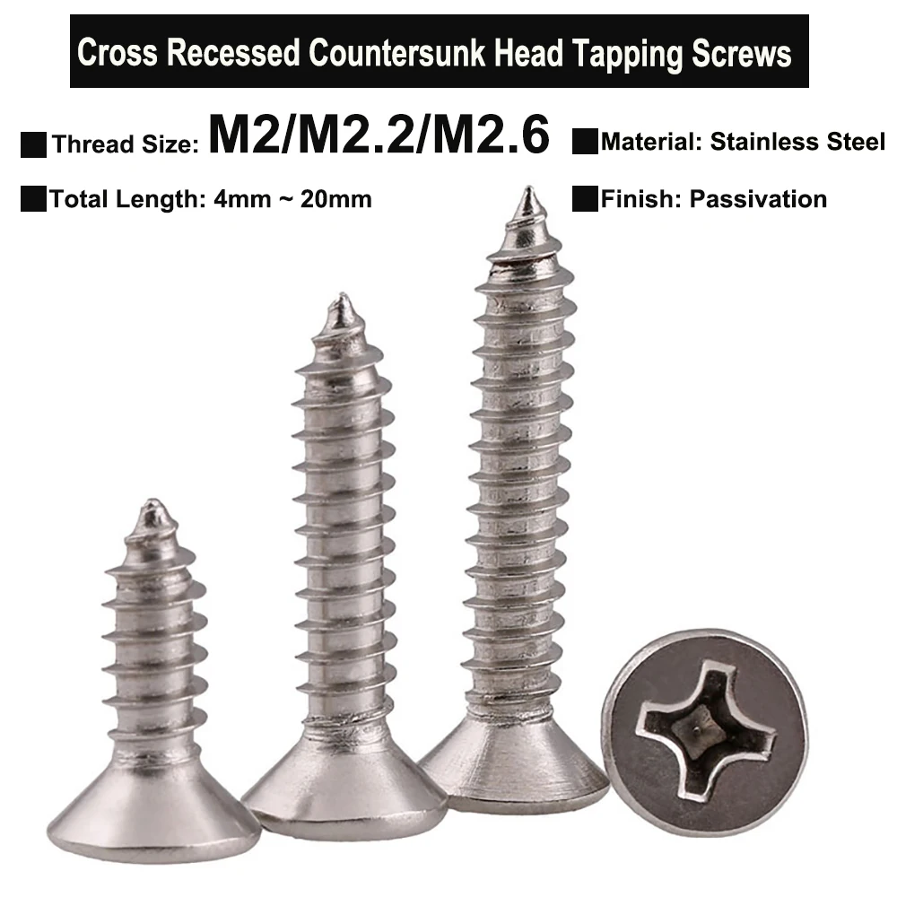 

100/50Pcs M2 M2.2 M2.6 SUS304 Stainless Steel Cross Recessed 90° Countersunk Phillips Head Self-Tapping Screws Wood Screw GB846