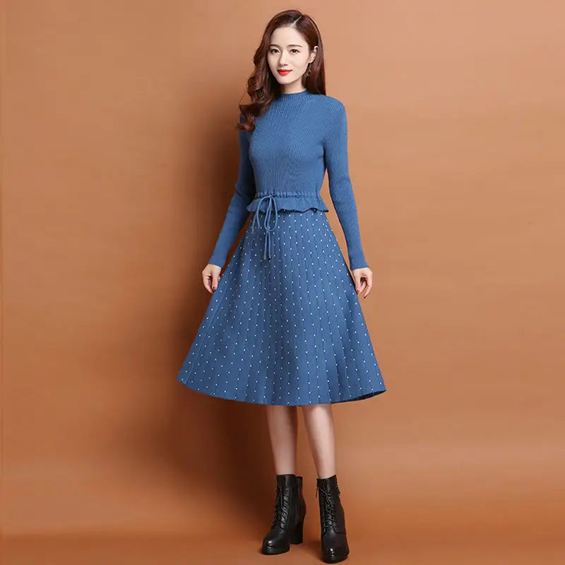 Dot Print Fake Two Pieces Knitted Dress Women Casual Patchwork Slim Sweater Dress Elegant Drawstring Waist Midi Party Dresses
Dot Print Fake Two Pieces Knitted Dress Women Casual Patchwork Slim Sweater Dress Elegant Drawstring Waist Midi Party Dresses