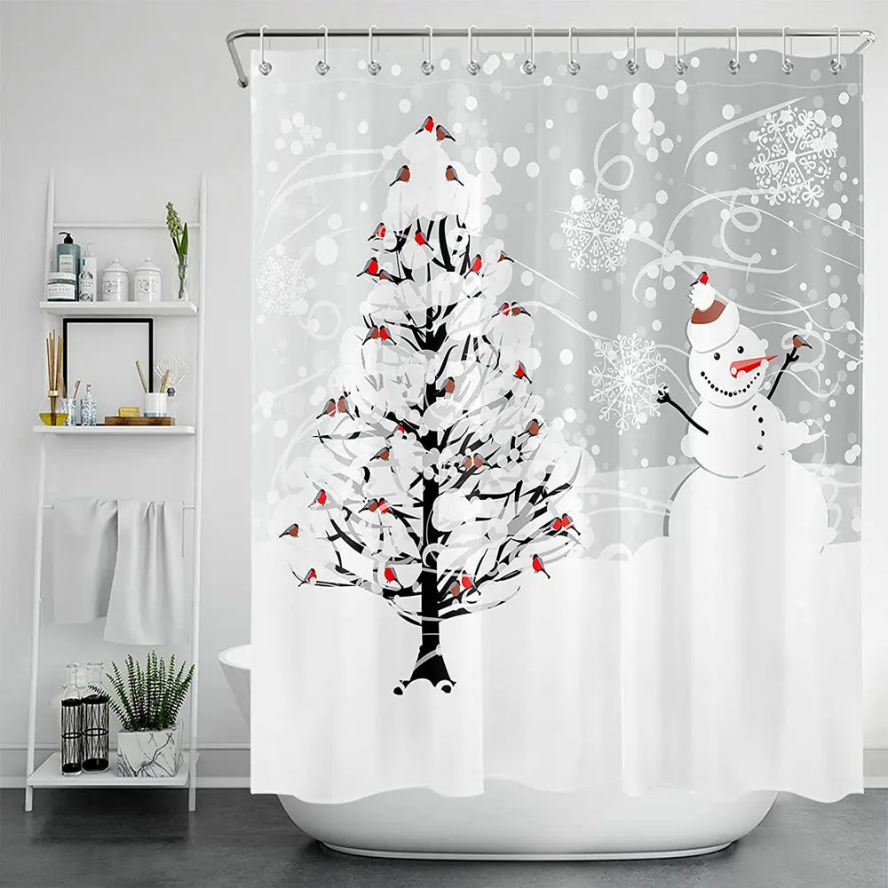 

Merry Christmas Shower Curtain Winter Holiday Theme Snowflakes Cardinals Birds Snowy Xmas Tree Cute Snowman Kids Bathroom Decor
