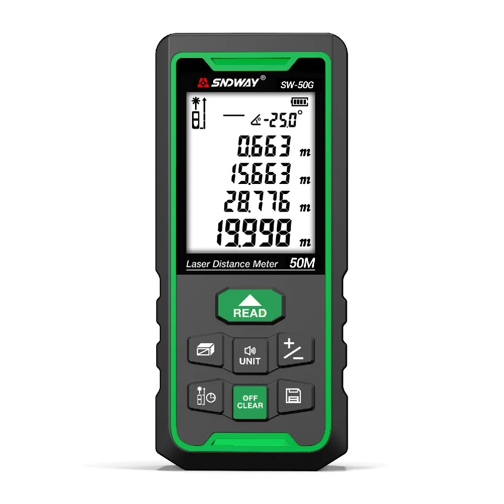 SNDWAY 50m/70m/100m Green Laser Distance Meter Range Finder Laser Tape Measure Trena Digital Roulette Lazer Ruler Rangefinder
SNDWAY 50m/70m/100m Green Laser Distance Meter Range Finder Laser Tape Measure Trena Digital Roulette Lazer Ruler Rangefinder