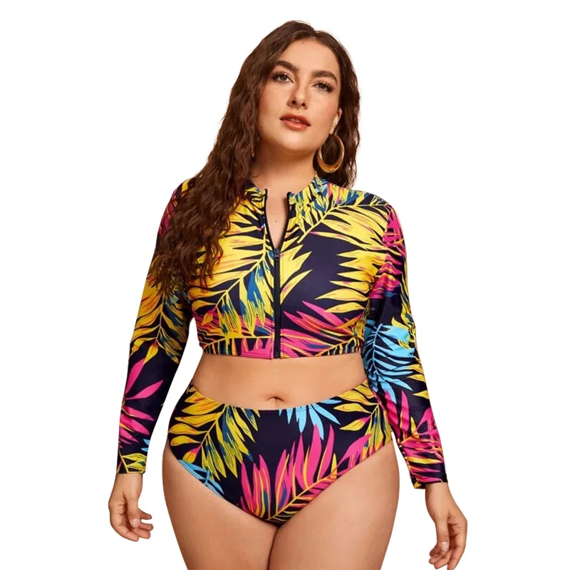 2022 Summer Plus Size Two Pieces Women Bikinis Set Leaf Printed Big Size Zip Up Swimsuit Long Sleeve High Waist Swimming Suits
2022 Summer Plus Size Two Pieces Women Bikinis Set Leaf Printed Big Size Zip Up Swimsuit Long Sleeve High Waist Swimming Suits