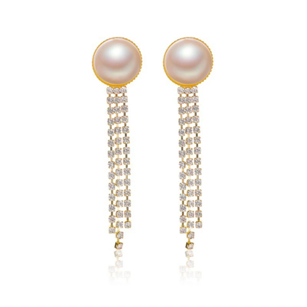 Simulated Big Pearl Earring Rhinestones Advanced Long Crystal Zircon Chains Tassel Pendant Earrings Jewelry Women for Wedding
Simulated Big Pearl Earring Rhinestones Advanced Long Crystal Zircon Chains Tassel Pendant Earrings Jewelry Women for Wedding