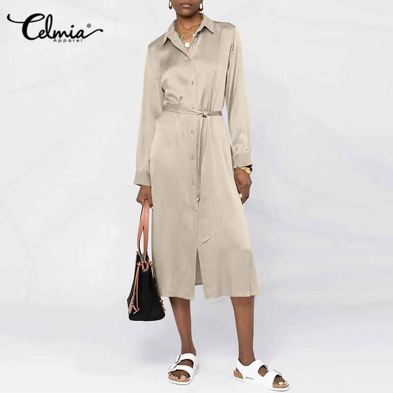 Women 2021 Casual Satin Silk Midi Dress Robe Celmia Long Sleeve Belted Shirt Dress Elegant Turn-down Collar OL Split Hem Vestido
Women 2021 Casual Satin Silk Midi Dress Robe Celmia Long Sleeve Belted Shirt Dress Elegant Turn-down Collar OL Split Hem Vestido