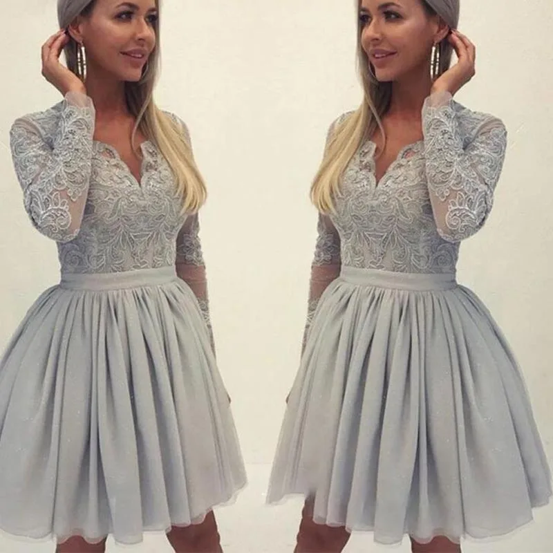 Gray 2019 Elegant Cocktail Dresses A-line V-neck Long Lace Sleeves Appliques Lace Party Plus Size Homecoming Dresses
Gray 2019 Elegant Cocktail Dresses A-line V-neck Long Lace Sleeves Appliques Lace Party Plus Size Homecoming Dresses