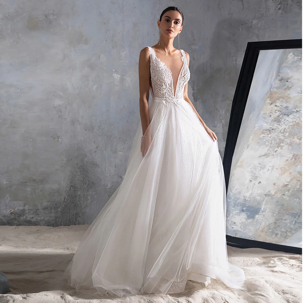 Deep V-Neck Cap Sleeve A-Line Floor-Length with Puff Tulle White Wedding Dresses Sleeveless Lace Bridal Gowns 2022 New Summer
Deep V-Neck Cap Sleeve A-Line Floor-Length with Puff Tulle White Wedding Dresses Sleeveless Lace Bridal Gowns 2022 New Summer