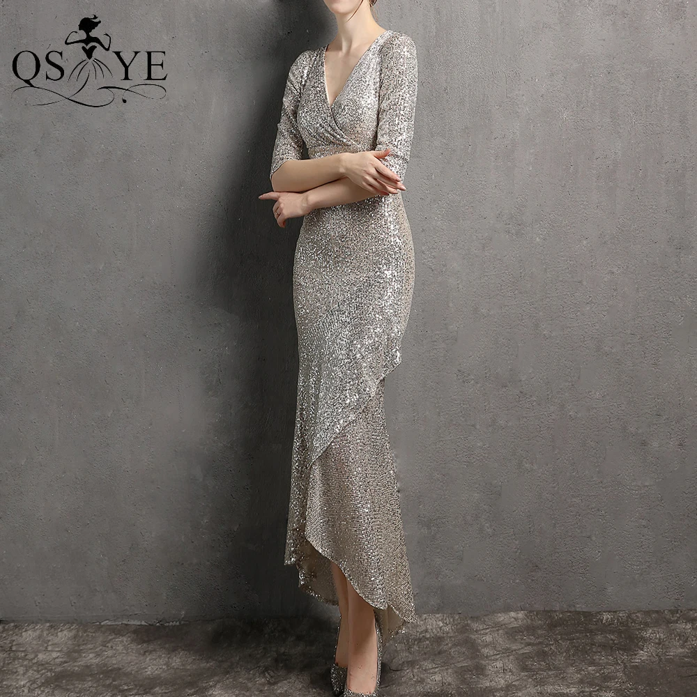 Shiny Silver Short Evening Dress Mermaid Sequin Prom Gown V Neck Glitter Party Dress Half Long Sleeves High Low Formal Gown Chic
Shiny Silver Short Evening Dress Mermaid Sequin Prom Gown V Neck Glitter Party Dress Half Long Sleeves High Low Formal Gown Chic