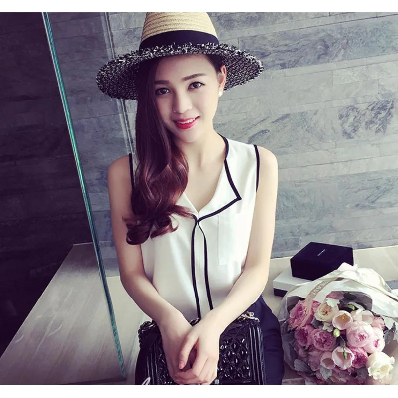 New 2021 Summer Korean Chic Loose Women's Shirts Chiffon Sexy Sleeveless Ladies Tops V-Neck Female Elegant Pullovers KN168