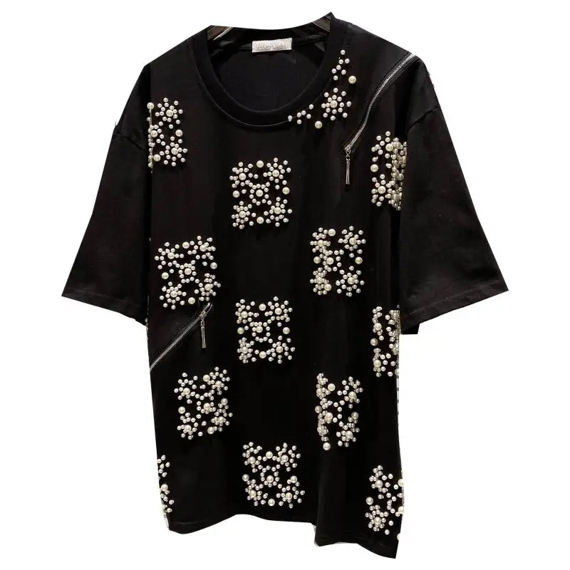 Elegant Heavy Pearl Beaded Snowflake T-shirt 2021 Summer Fashion Oblique Zipper Short Sleeve Tops Female Loose Women's Clothing
Elegant Heavy Pearl Beaded Snowflake T-shirt 2021 Summer Fashion Oblique Zipper Short Sleeve Tops Female Loose Women's Clothing