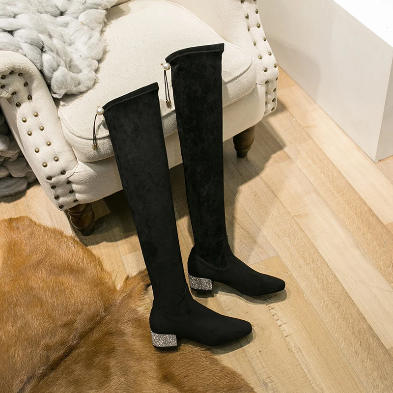 Slip on Over The Knee Boots Women Shoes Woman Black Flock Winter Boots Crystal Square Mid Heels Boots Pearl Lace Up Long Boots
Slip on Over The Knee Boots Women Shoes Woman Black Flock Winter Boots Crystal Square Mid Heels Boots Pearl Lace Up Long Boots