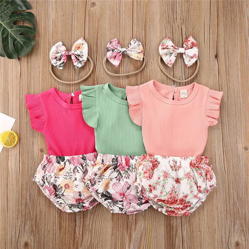 

Одежда для маленьких девочек от 0 до 24 месяцев Однотонная футболка с рюшами и короткими рукавами + шорты с цветочным принтом + повязка на голо...