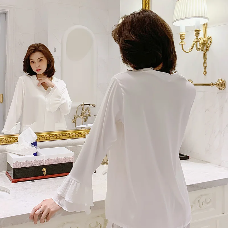 Satin Women 2PCS Pajamas Set Nightwear Ruffles Shirt&Pants White Sleepwear Casual Sleep Set 2021 Spring New Pyjamas Homewear
Satin Women 2PCS Pajamas Set Nightwear Ruffles Shirt&Pants White Sleepwear Casual Sleep Set 2021 Spring New Pyjamas Homewear