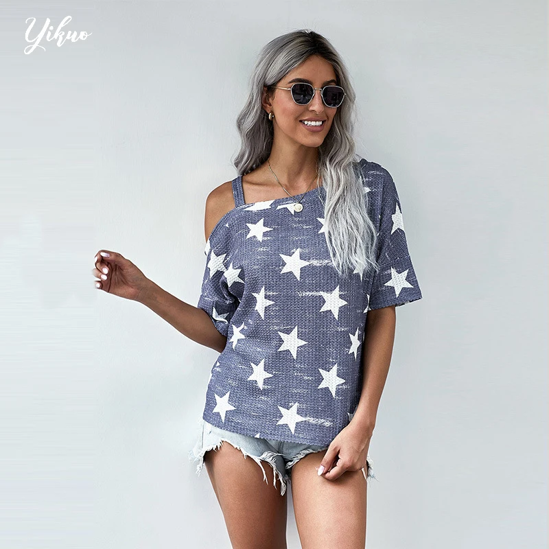 YIKUO Short-Sleeved Female Summer Europe And The United States New Poeter Oblique Neck Star Pattern Set t-Shirt Female
YIKUO Short-Sleeved Female Summer Europe And The United States New Poeter Oblique Neck Star Pattern Set t-Shirt Female