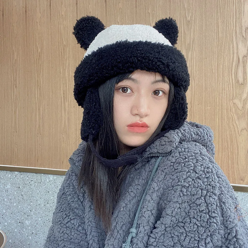 

2021 New Sweet Cute Girl Stitching Color Red Panda Shu Cotton Wool Lei Feng Hat All-match Women's Winter Warm Fashion Beanie Hat