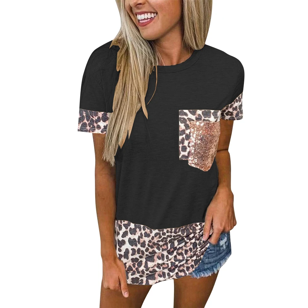 Patchwork Print O-Neck Top Women Leopard Pockets Sequined Stitching T-shirt 2021 New Summer Casual Short Sleeved Tee Clothes D30
Patchwork Print O-Neck Top Women Leopard Pockets Sequined Stitching T-shirt 2021 New Summer Casual Short Sleeved Tee Clothes D30