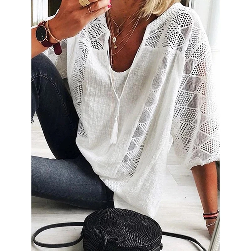 Women Blouse Summer Tops Three Quarter Sleeve Cut Out Lace Female Shirt 2021 Loose Casual Solid Pullover Thin Ladies Shirts
Women Blouse Summer Tops Three Quarter Sleeve Cut Out Lace Female Shirt 2021 Loose Casual Solid Pullover Thin Ladies Shirts