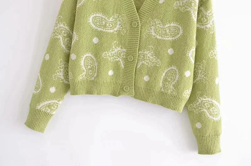 European and American autumn 2021 new fashion wild cashew flower print single-breasted high-waisted loose knitted cardigan 
European and American autumn 2021 new fashion wild cashew flower print single-breasted high-waisted loose knitted cardigan