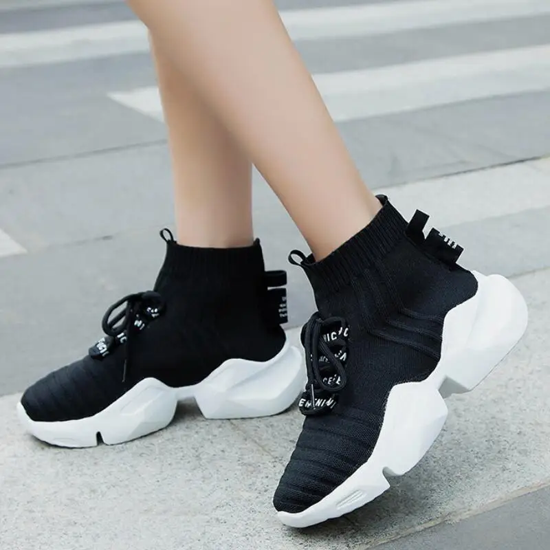 2021 Autumn New High-top Platform Sneakers Women Knitted Casual Shoes Woman Sneakers Chunky Tenis Feminino