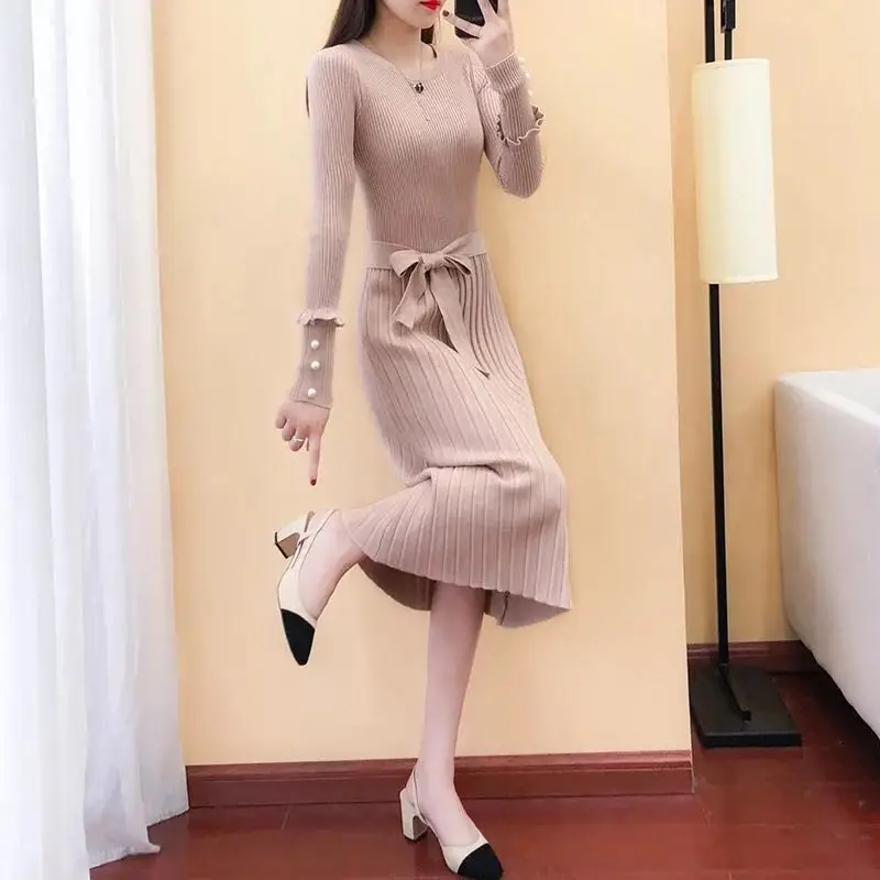 Women Sweater Dress Female Elastic Long Sleeve Elegant A-line Knitting Pleated Casual Tight Knit Dresses Autumn Winter | Женская одежда