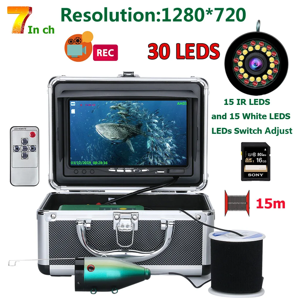 

Fish Finder Underwater Fishing Camera HD DVR 1280*720 Screen Double Lamp 1080P 15m/30m Camera for Fishing 16GB Recording