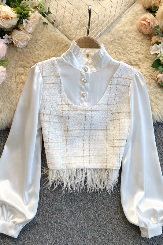 2021 New Spring Women's Retro Stand Collar Patchwork Plaid Shirt Ladies Fur Fringe Lantern Sleeve Short Tweed Blouse
2021 New Spring Women's Retro Stand Collar Patchwork Plaid Shirt Ladies Fur Fringe Lantern Sleeve Short Tweed Blouse