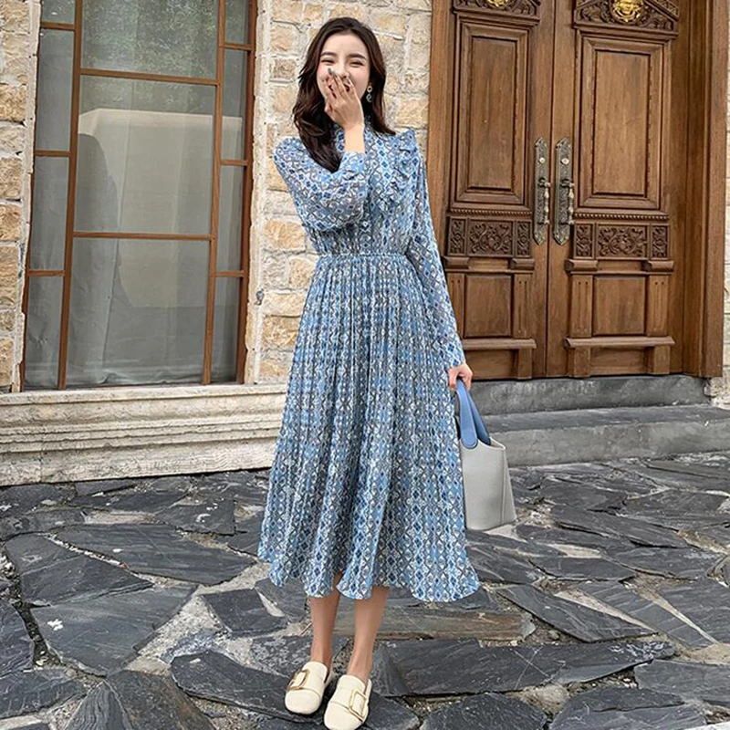 Spring summer women sweet Pleated dress elastic waist long sleeve floral print chiffon dress fashion casual Mid-calf dresses
Spring summer women sweet Pleated dress elastic waist long sleeve floral print chiffon dress fashion casual Mid-calf dresses