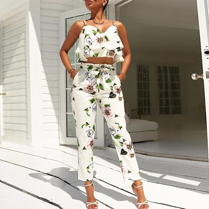 New Women Fashion Flounced Spaghetti Strap Floral Harness Tops Cropped Pantsuit Summer Fashion
New Women Fashion Flounced Spaghetti Strap Floral Harness Tops Cropped Pantsuit Summer Fashion