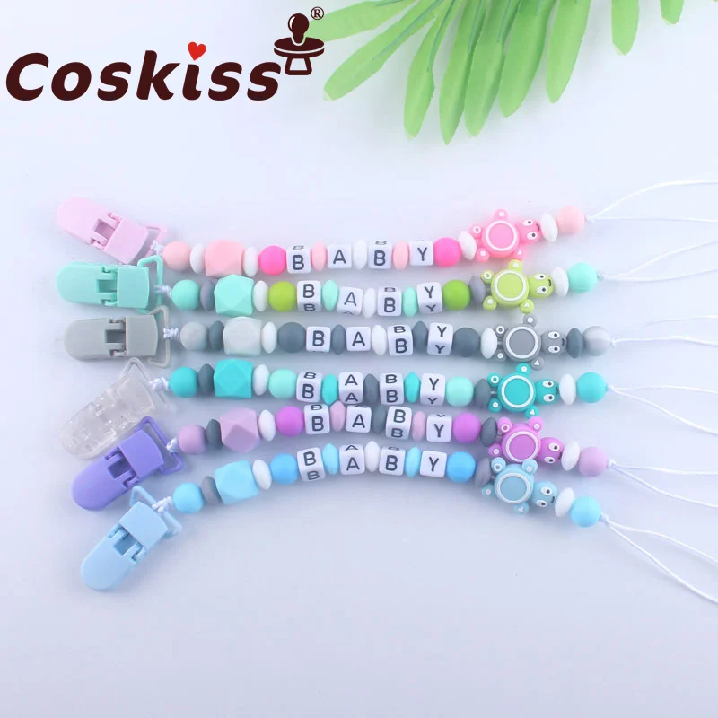 

Coskiss New Personalised Name Silicone Turtle Beads Pacifier Clip Chain for Baby Teething Soother Chew Dummy Clip Molar Gift